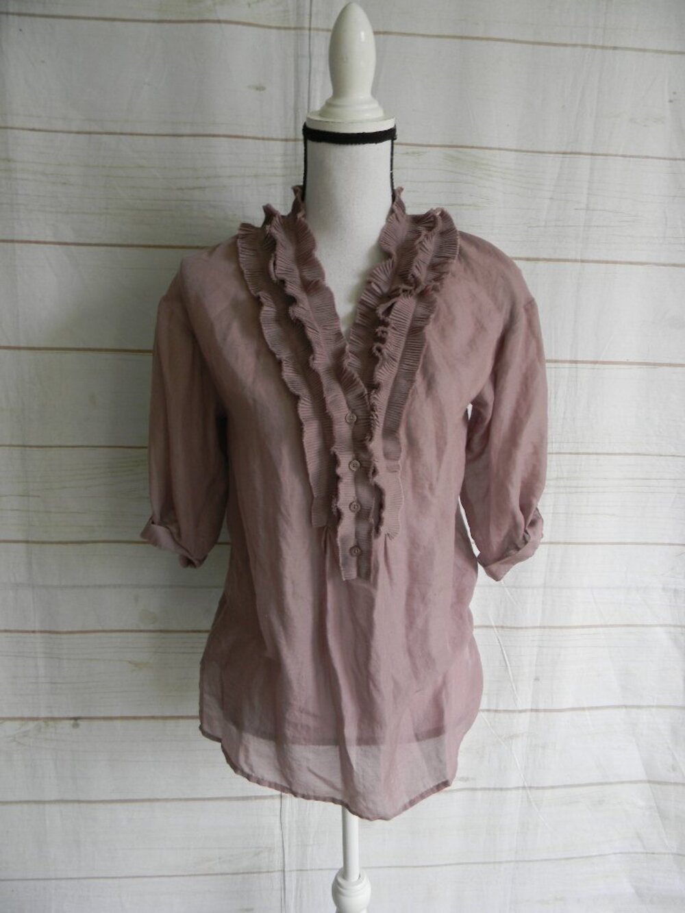 LOFT WM'S OFFICE CAREER RUFFLE FRONT ELBOW SLV SHEER BLOUSE TOP SZ XS